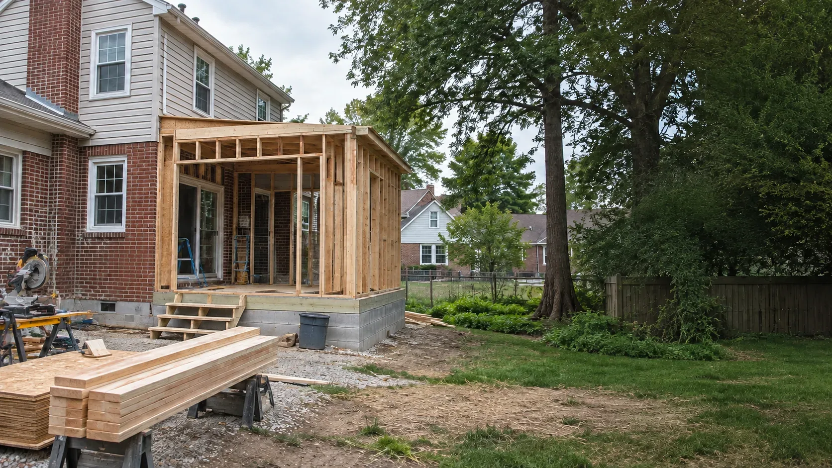 Wood-framed porch addition under construction on a Columbus-area home